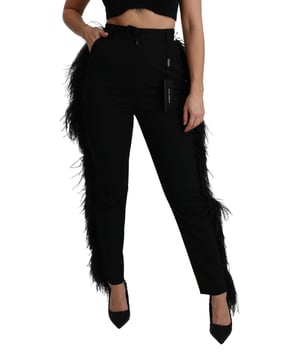 Brand: Dolce & Gabbana
  Model: Straight High Waist Pants
  Fit: Regular
  Material: 96% Virgin Wool 4% Elastane
  Color: Black Feathered
  Fly: Zipper and button closure
  Logo details
  Made in Italy