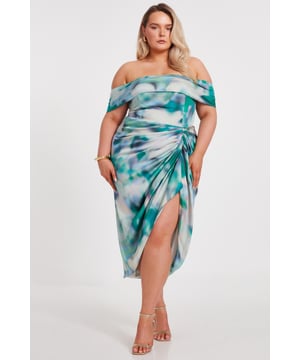 - Satin finish - Ruched style - Bardot neckline - Midi length - Model height: 5'7" - Model wears uk 18 / us 14 / eur 46 - Always check the wash care label - Cool hand wash with mild detergent