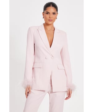 - Woven finish - Double breasted - Feather trim - Longline style - Model height: 5'6" - Model wears uk 8 / us 4 / eur 36 - Contains non-textile parts of animal origin - Always check the wash care label - Cool hand wash with mild detergent