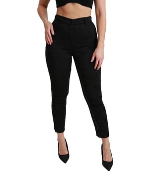 Merk: Dolce & Gabbana
  Conditie: Gloednieuw met tags
  Authenticiteit: 100% authentiek
  Model: Skinny broek met hoge taille
  Materiaal: 50% polyester 23% acetaat 15% viscose 10% zijde 2% elastaan
  Kleur: Zwart brokaat
  Gulp: Rits
  en knoopsluit