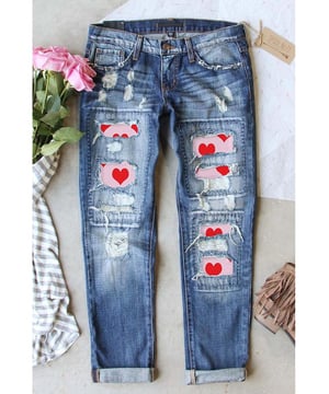 Sky Blue color
  Valentines Day heart patchwork design
  Distressed detailing
  Relaxed fit
  Available in multiple sizes
Material: 75% Cotton 24% Polyester 1% Elastane