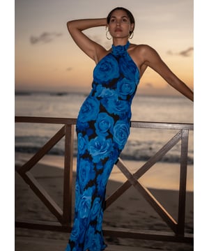 Eleva tu estilo con este lujoso maxivestido halter, adornado con un impresionante estampado floral azul. Perfecto para ocasiones especiales, este vestido no dejará indiferente a nadie.