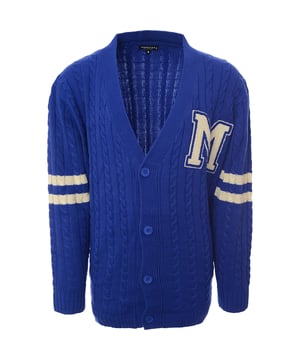 Main: 30% Polyester, Main: 70% Modal. The Mennace varsity knitted cardigan in blue with off white embroidery is a stylish addition to any wardrobe, blending classic design with modern flair. This piece features a cozy cable knit pattern  With a significant discount from its original price, it's a fashionable yet affordable choice for those looking to update their look with a touch of designer attitude.