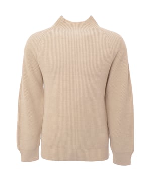 50% Wool &amp; 50% Acrylic Mock neck crafted in wool blend yarn and knit in an all-over rib with a raglan sleeve and subtle stitching details along the shoulder