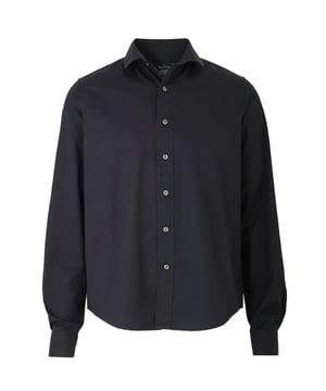 A classic black slim fit casual shirt crafted from 100% BCI cotton washed fine twill. Tailored for a flattering fit and cut to a shorter length so it can be worn untucked. Features a curl resistant cutaway collar, with an integral and removable collar stay. A flattering, gently tapered fit for all builds.