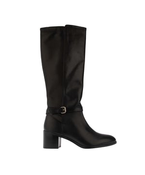 Marke: Dune London. Obermaterial: Leder. Laufsohle: Gummi. Absatz: Low Block Heel. 7,62 cm. Kniehoch. Design: Unifarben. Zehenstil: Mandelförmig. Verstellbare Schnalle, Seitlicher Reißverschluss, Zum Anschlüpfen.