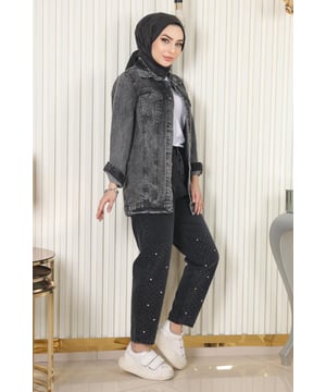 Stoffmerkmal: Hergestellt aus Denim-Stoff.Produktmerkmal: Es handelt sich um ein neues Hijab-Modestück der Saison. Es hat einen vorderen Reißverschluss und einen Knopf. Es gibt eine Tasche. Die Steine sind aufgedruckt. Aufgrund von Konzeptaufnahmen kann es zu Farbunterschieden kommen. Es ist Größe 38 auf dem Model. Eine Größentabelle
