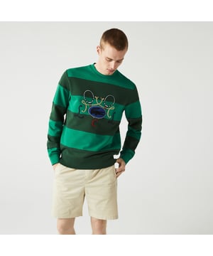 SH2955 Men's Tennis Design Crew Neck Striped Cotton Fleece Sweatshirt Cotton fleece Ribbed crew neck Classic fit Crocodile embroidery and XXL tennis on front Embroidered green crocodile at bottom