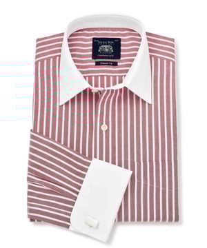 Made from 100% BCI cotton poplin, this classic fit red and white stripe shirt has contrasting white collar and cuffs. Features a contrast white curl resistant Windsor collar, with an integral and removable collar stay and elegant double cuffs.