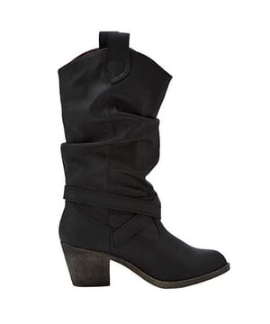 Synthetic material. A tall western style. Buckle detailing. Pull tabs at the top for easy on and off. Heel height: 6.5cm.
