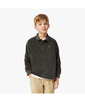 Velours poloshirt met lange mouwen Katoen ribfluweel Knopen met gomeffect Groene krokodil op buste