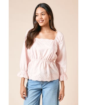 Elegant square neckline with intricate embroidery detail along the front and hem
        Elasticated waist creates a flattering silhouette that accentuates your shape
        Long sleeves with delicate frill cuffs for a feminine touch
        Soft cotton fabric ensures breathable comfort for all-day wear
        Versatile peplum design that pairs beautifully with jeans or tailored trousers
    
    This charming embroidered blouse from Dorothy Perkins combines comfort with effortless style. The delicate embroidery and square neckline create a refined yet relaxed look that's perfect for casual gatherings. Style with wide-leg denim and sandals for weekend brunches with friends, or pair with slim-fit trousers and ballet flats for family gatherings. The elasticated waist creates a naturally flattering silhouette while the cotton fabric ensures you stay comfortable throughout the day. For cooler days, layer under a lightweight cardigan or denim jacket. This versatile piece transitions seamlessly from casual coffee dates to baby showers - simply customise with your favourite accessories like the woven handbag shown for a complete daytime ensemble.