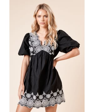 Intricate embroidered detailing across the bodice and hemline creates a striking contrast against the woven fabric
        Flattering V-neckline frames the dcolletage beautifully
        Voluminous short puff sleeves add a touch of feminine charm
        Empire waistline creates a relaxed silhouette that skims the body
        Mini length design perfect for showcasing your legs whilst maintaining sophistication
    
    This Dorothy Perkins mini dress combines casual comfort with elegant embroidery for versatile daywear. The empire waistline and puff sleeves create a flattering silhouette that works wonderfully for various occasions. Style with espadrille wedges and a woven tote for weekend brunches with the girls, or pair with flat sandals and a denim jacket for family gatherings. The embroidered detailing adds visual interest without overwhelming, making this piece perfect for baby showers or garden parties. For cooler days, layer with opaque tights and ankle boots for a transitional look that maintains its charm. This mini dress offers the perfect balance of trend-conscious design and modest styling for the woman who appreciates contemporary fashion with practical wearability.