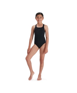 53% Recycled Polyester, 47% PBT. Fabric: Eco Endurance+. Design: Logo. Fastening: Pull-On. Neckline: Scoop. Chlorine Resistant, Strap Seams. Fabric Technology: Durable, Quick Dry. Gusseted.