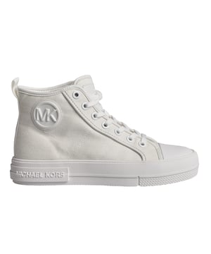 Die High-Top-Sneakers Evy sind ein moderner Klassiker, den Sie bei jeder Gelegenheit tragen werden. Sie sind aus Segeltuch gefertigt und mit hochwertigen Nähten für ein elegantes Finish versehen. Tragen Sie sie mit verkürzten Hosen, um die MK-Verzierung am Knöchel hervorzuheben.\n\n Details:\n - Runde Spitze.\n - Flache Schnürsenkel.\n - Canvas-Stoff.\n - Applikation mit den Initialen von Michael Kors am Knöchel.\n - Gepolsterte Innensohle.\n - Michael Kors-Logo auf der Sohle.\n\n Mit einem guten Paar Designer-Sneakers für Damen kommen Sie überall hin. Egal ob beim Spaziergang, bei der Stadterkundung oder auf einer längeren Reise – mit den lässigen Damen-Sneakers kommen Sie stilvoll an Ihr Ziel. Wenn Sie nach einer frischen Interpretation eines Klassikers suchen, ist ein High-Top-Designer-Sneaker die beste Wahl. Die Silhouette dieser Sneaker im Retro-Stil passt sowohl zu verkürzten Jeans als auch zu Minikleidern hervorragend. Für Reisen sind Slipper die beste Wahl. Sie eignen sich ideal zum An- und Ausziehen bei der Sicherheitskontrolle und bieten hohen Tragekomfort beim Erkunden einer neuen Stadt.\n Komposition: 55 % Leinen, 45 % Baumwolle\n Pflege:\nVerwenden Sie zum Reinigen der Oberfläche ein weiches, feuchtes Tuch.
