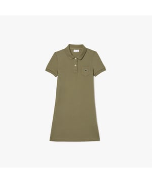 Piqué Polo Dress Geribde polokraag met twee knopen Tweelaags petit piqué katoen Recht model Geribde afwerking onderaan de mouwen Geborduurde groene krokodil op de borst