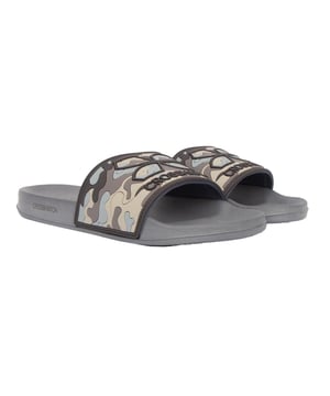 Upper: PU (Polyurethane). Insole: Cushioned, Soft, Textured. Outsole: EVA. Lightweight. Flat. Design: Camo, Logo. Toe Style: Open. Fastening: Slip-on.