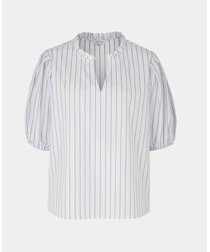 An essential for the warm-weather months, this women's short sleeve shirt is a versatile option that can be worn to work or at the weekend. It's made from a cotton-blend fabric that gives it a soft handle and flattering drape. The subtle frill at the neck and pleated detailing gives it an extra feminine touch. 92% cotton 8% polyester in dobby stripe. Short A line shape. Neat frill at neck with a key hole opening. Short sleeves pleated at head of sleeve with elasticated opening. Slightly scooped hem. Presented in fully recyclable packaging. Machine washable at 30°C