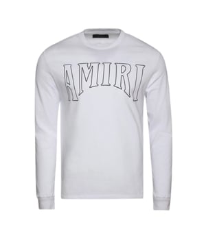 Amiri Langarm-T-Shirt in Weiß, Logo-Design auf der Vorderseite und Rückseite, normale Passform, 100 % Baumwolle, Made in Italy, sichtbares Amiri-Branding, weißes T-Shirt