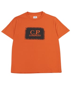 Kurzärmliges orangefarbenes T-Shirt, C.P. Firmenlogo, Rundhals-T-Shirt, normale Passform, 100 % Baumwolle, kurze Ärmel, orangefarbenes T-Shirt, hergestellt in Italien