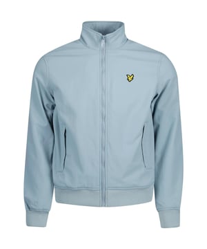 Chaqueta azul con cuello alzado y forro polar de Lyle & Scott, insignia con el logotipo de la marca en la parte delantera izquierda del pecho, cierre de cremallera central, dobladillo y puños elásticos, ajuste regular, se ajusta a la talla real, dos bolsillos delanteros, chaqueta azul claro