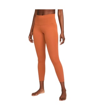 Nike Rust Activewear, yogabroek, merklogo, hoge taille, 7/8 lengte, 80% polyester, 20% elastaan, Dri-Fit technologie, kleine Nike Swoosh