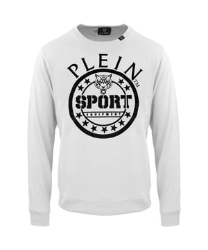 Weißer Pullover von Plein Sport, 86 % Baumwolle, 14 % Polyester, elastische Taillen- und Ärmelenden, Plein-Branding, hergestellt in Bangladesch, weißer Pullover zum Überziehen, weißer Pullover von Plein Sport, Sportbekleidung