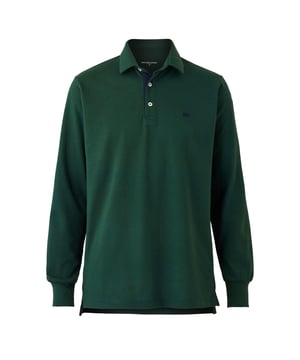 You'll never been stuck for weekend outfit ideas thanks to our versatile long sleeve polo shirt. Whether you're heading to the office or meeting friends, this dark green version can be teamed with jeans, chinos, shorts or trousers. The cotton-pique construction ensures all-day comfort, while the internal placket detailing and herringbone side slits earn you maximum style points. 180gram pique 100% cotton. Classic fit with long sleeve. Self fabric two piece collar. Contrast inside neck placket, cross stitching on button placket, crest embroidery and herringbone in side slit. 2 button placket. Contrast embroidered crest on chest. Machine wash at 30°C.