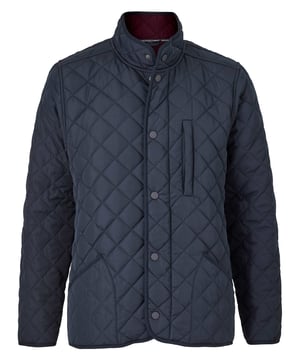 This quilted jacket was the go-to choice for discerning gentlemen last winter - and it's back again to elevate your winter style. Crafted for warmth without restriction, it features refined cotton corduroy trim and multiple pockets to keep your daily essentials at hand. Whether you're navigating city streets or venturing into the countryside, this jacket blends functionality with timeless appeal. Made from 100% polyester quilted outer with a 100% polyester navy lining. Centre back length on size Medium is 72 cm. Edges trimmed in 100% cotton corduroy. Medium weight wadding for extra warmth. Regular fit. Two patch pockets and zipped pocket; back has a poppered flap; matte navy matching studs.
