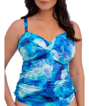Fantasie Saunton Sands Twist Front Tankini Top. Underwired tankini swimwear top with a sweetheart neckline, lightly padded cups and concealed underwire, adjustable tie sides and fixed fully adjustable straps. Product is hand wash only.