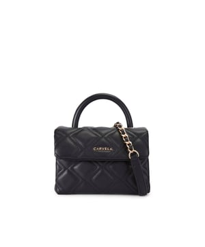 This Carvela Rosa Top Handle Bag features a black exterior which has overstitch quilting in a diamond design. There is a structured top handle with branded eyelets matching the gold branding on the front. Dimensions: 13cm (H), 18cm (L), 7cm (D). Strap length: 119cm.