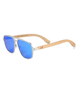 Frame: Silver Metal ;  Arm: Bambo Wood; Earpiece: Bamboo Wood; Lens: Blue Multi-Layer Triacetate Cellulose (TAC); Mirrored Lens: No; Gradient Lens: No; Polarization: Optical Quality; UV Protection: 100% UVA/UVB; Hinge: Spring Loaded Stainless Steel; Adjustable Nosepads: Yes; Lens Width: 55mm; Temple Length: 155mm; Bridge Width: 20mm.