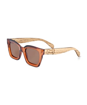 Montuur: Bordeauxrood polycarbonaat; Veren: Zebra hout; Oorstuk: Zebra hout; Lens: Bruine meerlaagse triacetaatcellulose (TAC); Gespiegelde lens: Nee; Verlooplens: Nee; Polarisatie: Optische kwaliteit; UV-bescherming: 100% UVA/UVB; Scharnier: Roestvrij staal met veermechanisme; Verstelbare neuspads: Ja; Lensbreedte: 50 mm; Lengte poot: 145 mm; Brugbreedte: 24 mm.