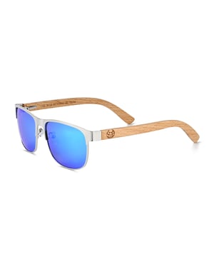 Frame: Silver Metal ;  Arm: Bambo Wood; Earpiece: Bamboo Wood; Lens: Blue Multi-Layer Triacetate Cellulose (TAC); Mirrored Lens: No; Gradient Lens: No; Polarization: Optical Quality; UV Protection: 100% UVA/UVB; Hinge: Spring Loaded Stainless Steel; Adjustable Nosepads: Yes; Lens Width: 55mm; Temple Length: 150mm; Bridge Width: 18mm.