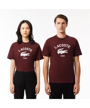 Katoenen T-shirt met handtekeningprint Zware katoenen jersey Comfortabele snit Verlaagde schouders Tijdloze ronde hals Contrasterende print op borst Geborduurde krokodil op achterkant