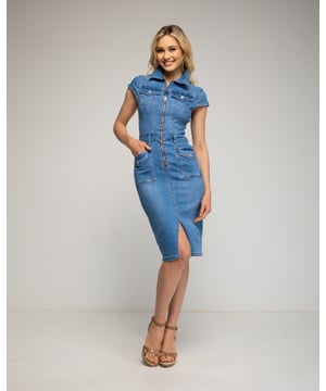 Denim midi-jurk met ritssluiting en knoopzakken