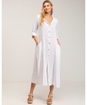 Mao hals linnen maxi jurk met zak details