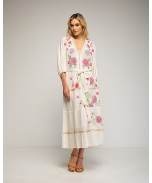 Poplin maxi-jurk met geborduurde bloemen en pailletten, Franse mouwen en V-halslijn