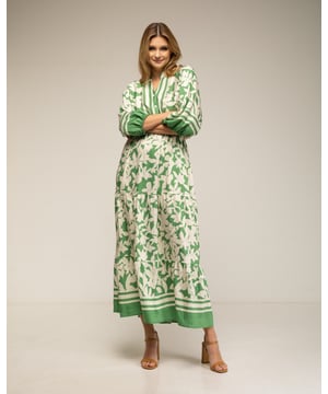Lange jurk met print, elastiek in de taille en 3/4 mouwen