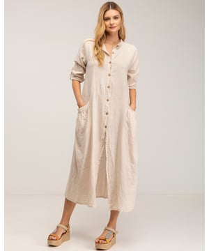 Mao hals linnen maxi jurk met zak details