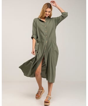 Mao hals linnen maxi jurk met zak details