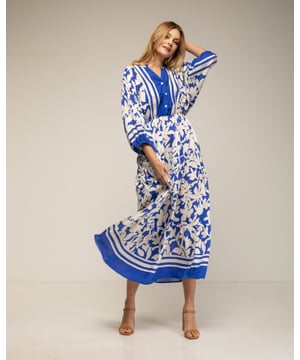 Lange jurk met print, elastiek in de taille en 3/4 mouwen