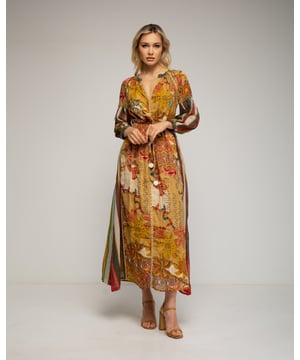 Maxi-jurk met lange mouwen en gehaakte details en ceintuur