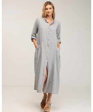 Mao hals linnen maxi jurk met zak details