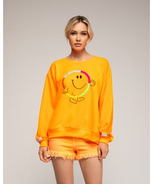 Fluor sweatshirt met "smile" patroon en borduursel op voorkant en manchetten