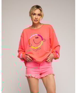 Fluor sweatshirt met "smile" patroon en borduursel op voorkant en manchetten