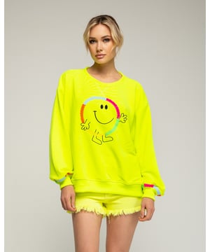 Fluor sweatshirt met "smile" patroon en borduursel op voorkant en manchetten