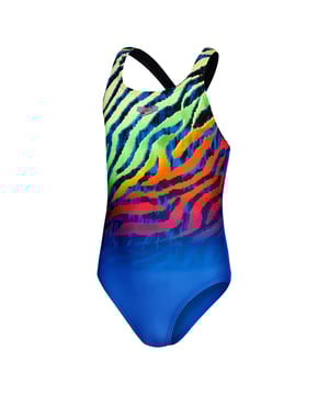 53% Polyester, 47% Polyester PBT. Stof: Duurzaamheid+. Ontwerp: Dierenprint, Logo, Streep. Bevestiging: Pull-On. Halsuitsnijding: Racer. Stoftechnologie: Chloorbestendig, Duurzaam, Sneldrogend. Voering vooraan.