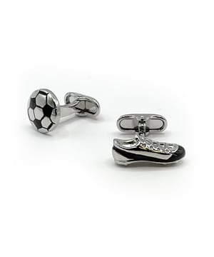 A thoughtful gift idea for any football fan, these men's cufflinks will earn you three points. Presented in the shape of a ball and boots, they'll add a playful twist to your double cuff shirt. Silver football and boots. Brass with a polished rhodium plating. Swivel back fitting to make it easier to use. Savile Row embossed fitting. Set in an embossed flip top presentation box with sleeve.
