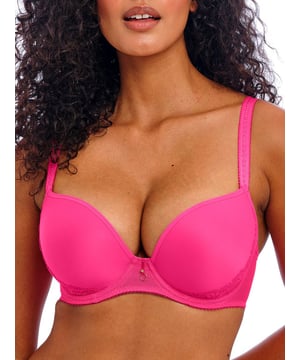 Freya Fascinate Moulded Plunge T-Shirt Bra. Underwired foam padded t-shirt bra with a low plunge neckline, decorative mesh cradle and metallic ring detailing. Product is hand wash only.
